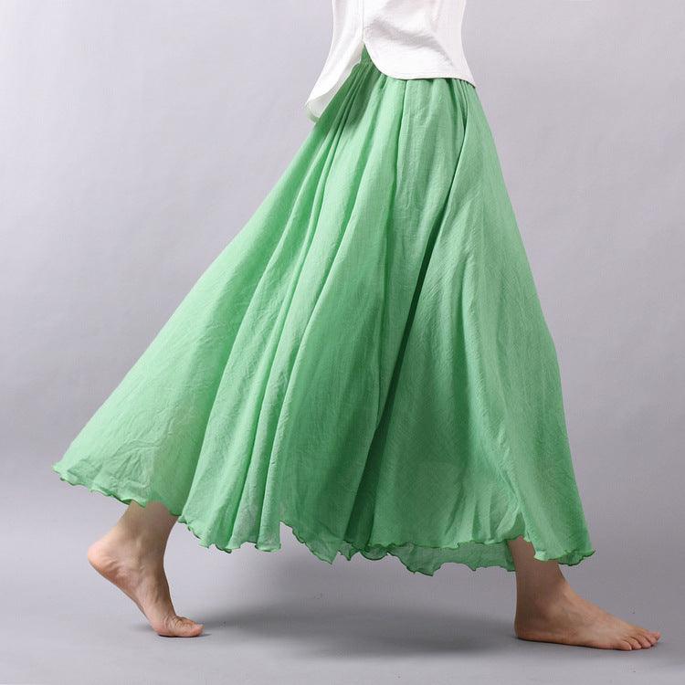 Women's Cotton Linen Elastic-waist Linen A- Line Skirt - Nioor