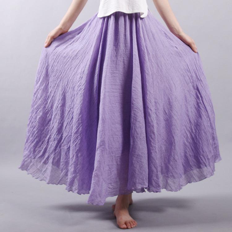 Women's Cotton Linen Elastic-waist Linen A- Line Skirt - Nioor