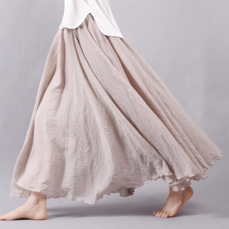 Women's Cotton Linen Elastic-waist Linen A- Line Skirt - Nioor