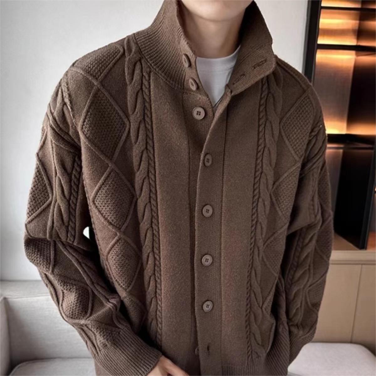 Solid Color Prismatic Plaid Sweater Coat Loose All-match Retro Lapels Long Sleeve Knitted Cardigan - Nioor
