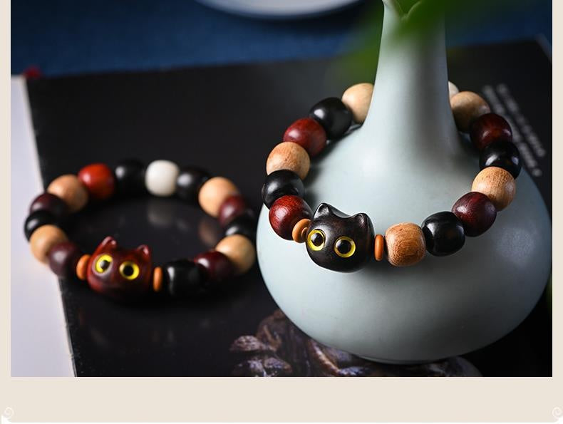 Ebony Carved Kitten Head Wooden Rosewood Beads Bracelet Men And Women