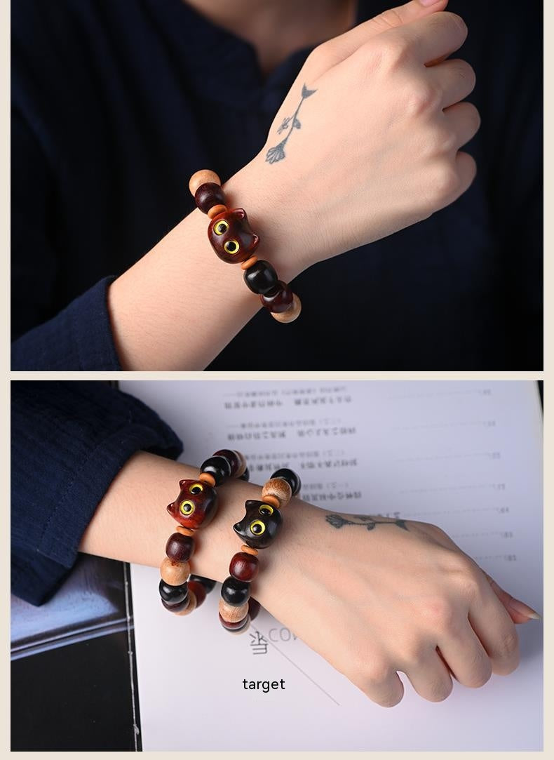 Ebony Carved Kitten Head Wooden Rosewood Beads Bracelet Men And Women