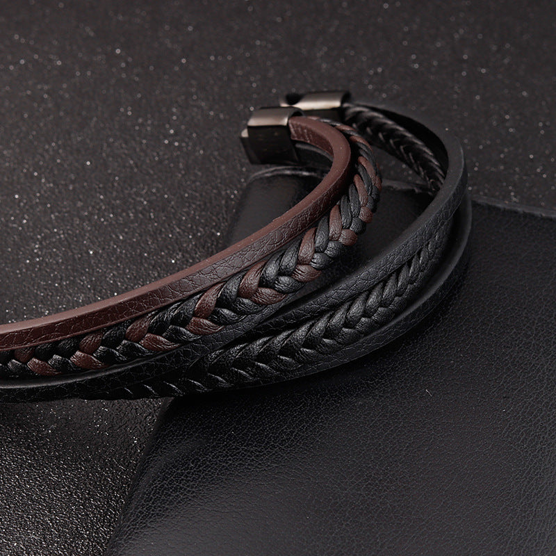 Titanium Steel Men's Leather Bracelet Double Layer