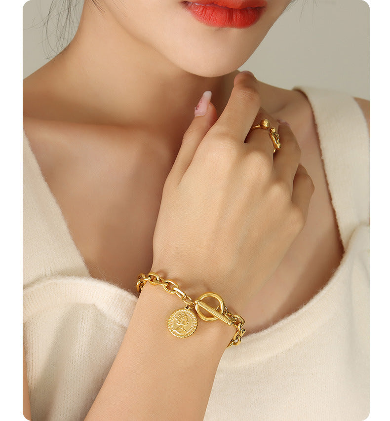 Female Titanium Steel Gold Plated Texture Queen Portrait OT Buckle Bracelet