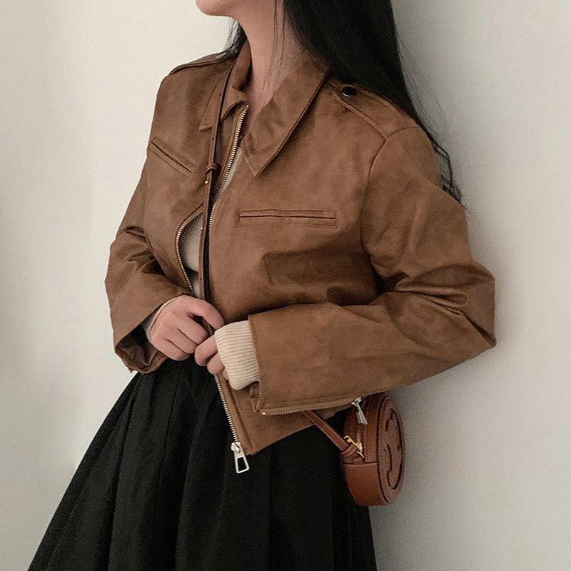 Women's Retro Hong Kong Style Lapel Long-sleeved Leather Jacket - Nioor