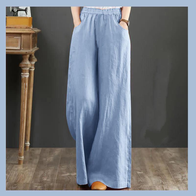 Pure Linen Plus Size Wide Leg Pants Women Drawstring Elastic - Nioor