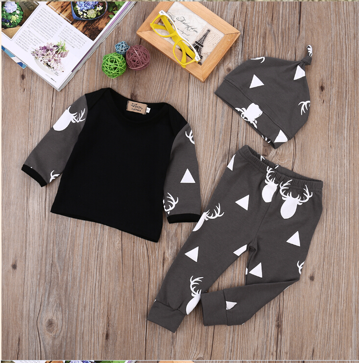 Autumn Cute Newborn Baby Girl Boy Clothes Deer Tops T Shirt Long Sleeve  Pants Casual Hat 3pcs Outfits Set Autumn