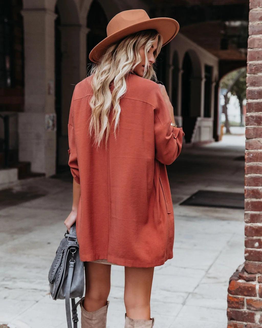 Medium Long Loose Casual Long Sleeve Trench Coat - Nioor