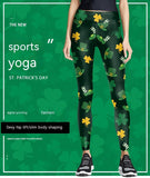 Digital Printed Green Leaf Elastic Slim Fit Running Pants Yoga Pants - Nioor