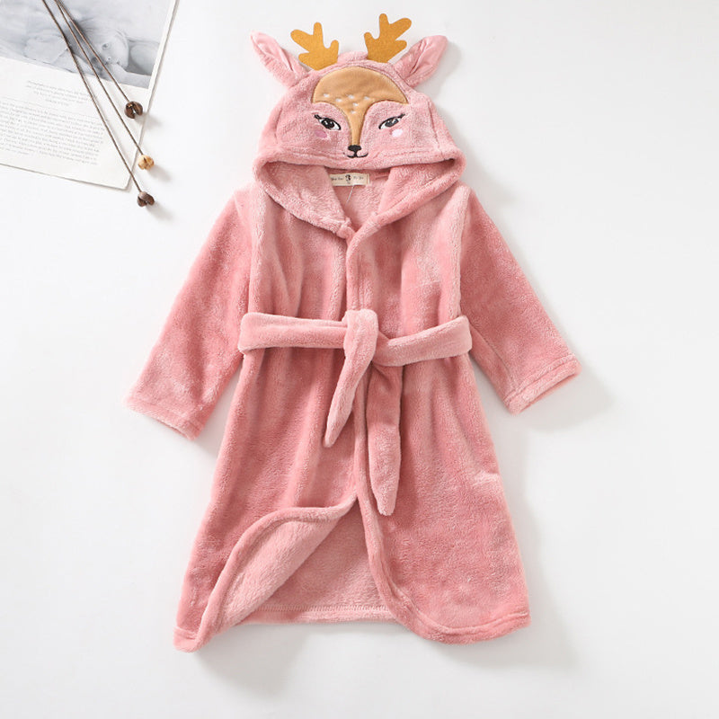 Girls Cartoon Hooded Flannel Lace-up Bathrobe