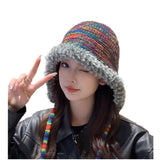 Rainbow Knitted Hat Plush Edge Strap - Nioor