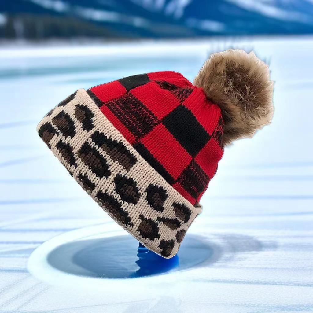 Plaid Fur Ball Knitted Hat Women's Warm Beanie Hat Jacquard Hat Woolen Cap Sleeve Cap - Nioor