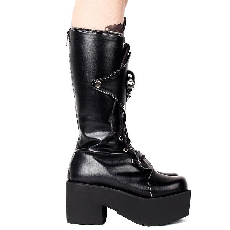 Zipper Studded Skull Punk Thick-soled High Boots - Nioor