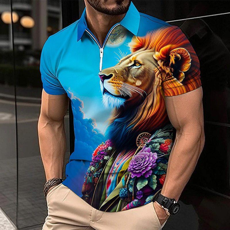 Polo Golf Shirt Animal Lion Pattern Printed Flanging Short Sleeve - Nioor