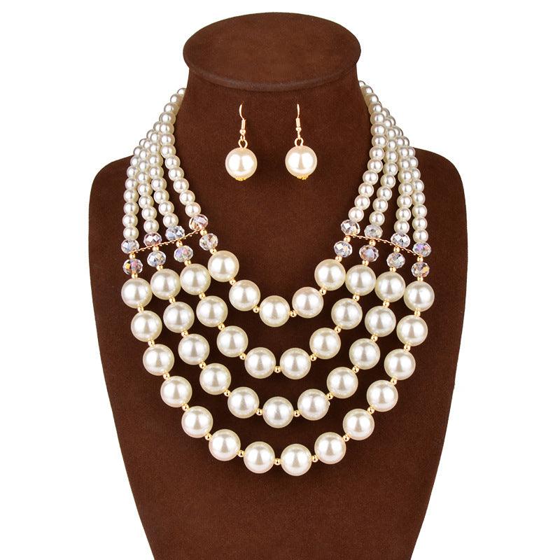 Europe necklace crystal pearl Long Necklace Earrings female bride jewelry set accessories - Nioor