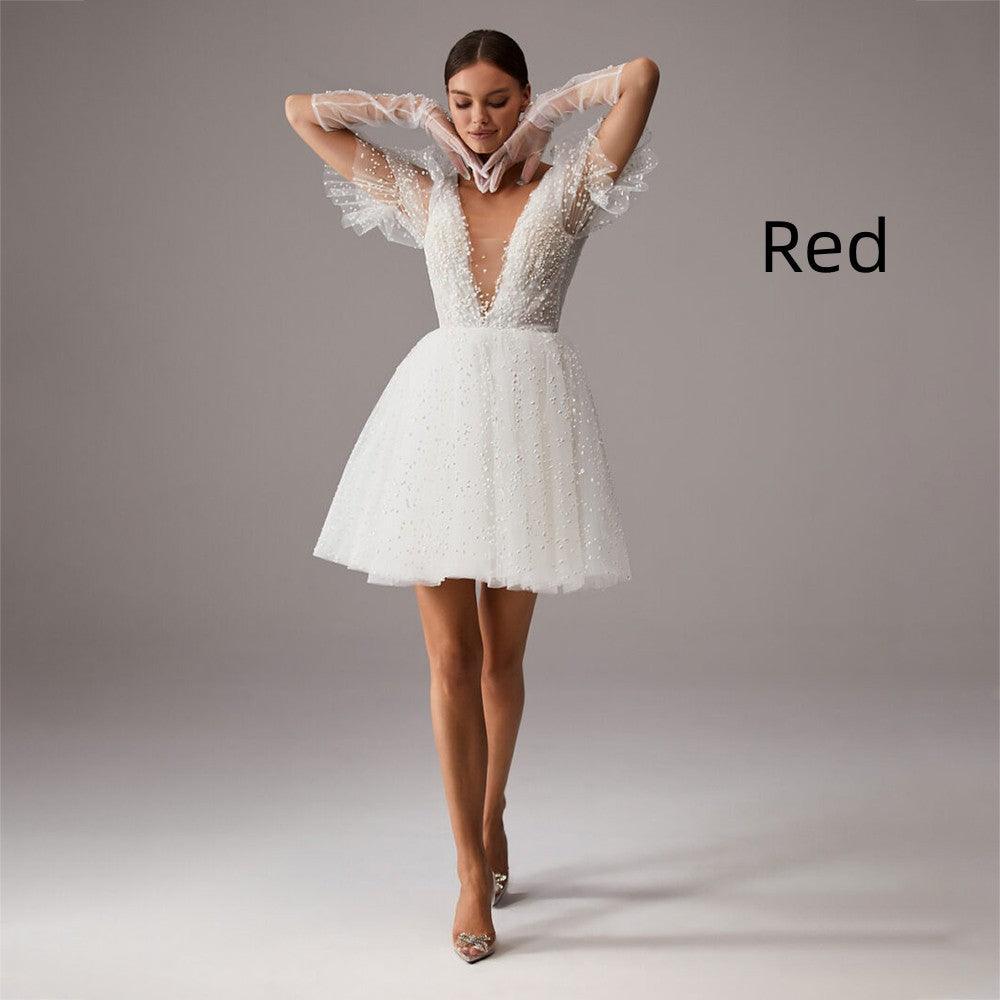 V-Neck Wedding Dress A-Line Short Sleeves Tulle - Nioor