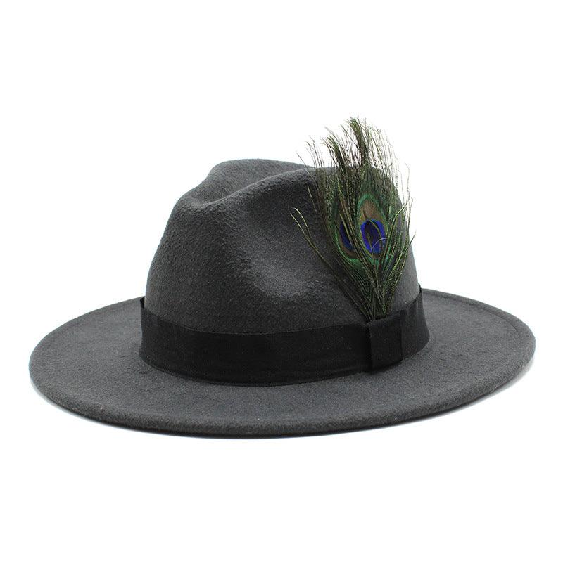 Women's Woolen Big Brim Peacock Feather Casual Sun Hat - Nioor