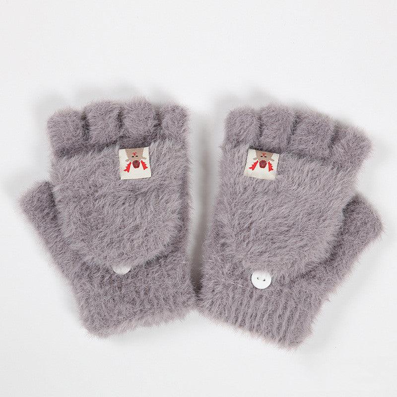 Knitted Plush Flap Half Finger Gloves - Nioor