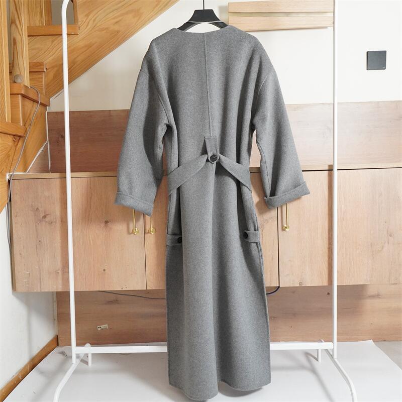 Gray Collarless Loose Side Slit Belt Lace-up Long Lazy Woolen Coat - Nioor