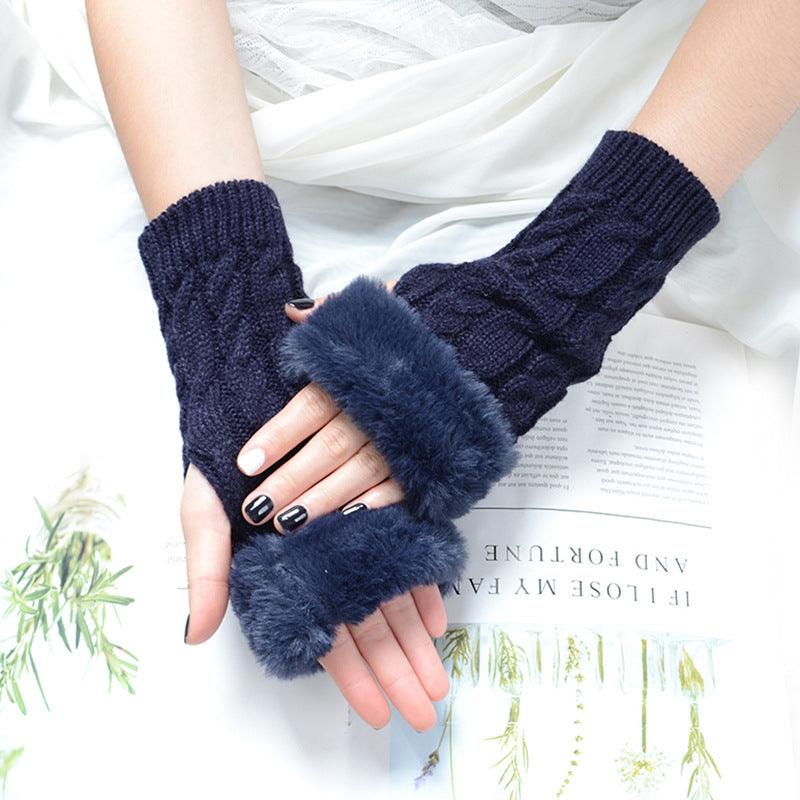 Women's Knitted Half Finger Solid Color Twist Gloves - Nioor