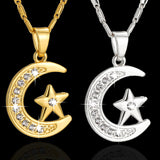 Muslim Crescent Pendant Necklace Silver Gold Color Cubic Zirconia CZ Islam Moon Star Jewelry Women Gift