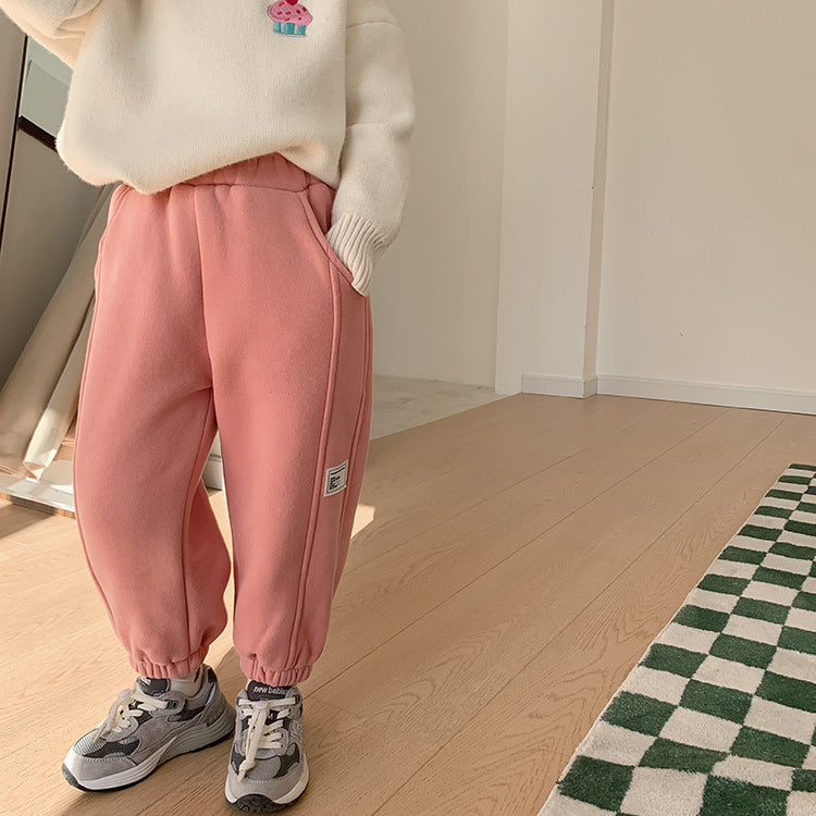 Children's Label Stitching Plus Velvet Sweatpants