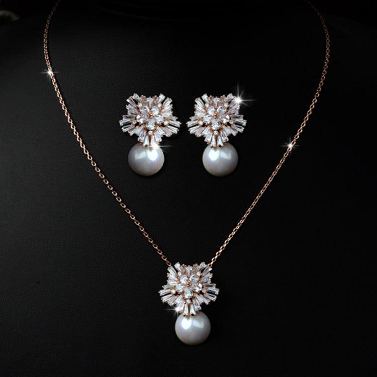 Korean temperament luxury high-grade pearl necklace earrings set with zircon jewelry micro all-match fashion bride - Nioor