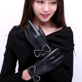 Women's Full-touch Screen PU Leather Warm Cycling Fashion Cute Bow Gloves - Nioor