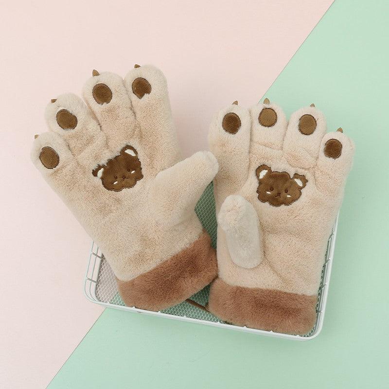 Cute Cartoon Bear Claw Plush Gloves Female Winter Warm Fleece-lined Thickened Hand-shaped Brush Road Bike Skiing - Nioor