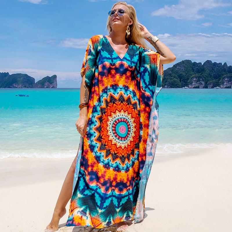 Rayon Printed Robe Seaside Holiday Sun Protection Shirt Beach Dress Bikini - Nioor