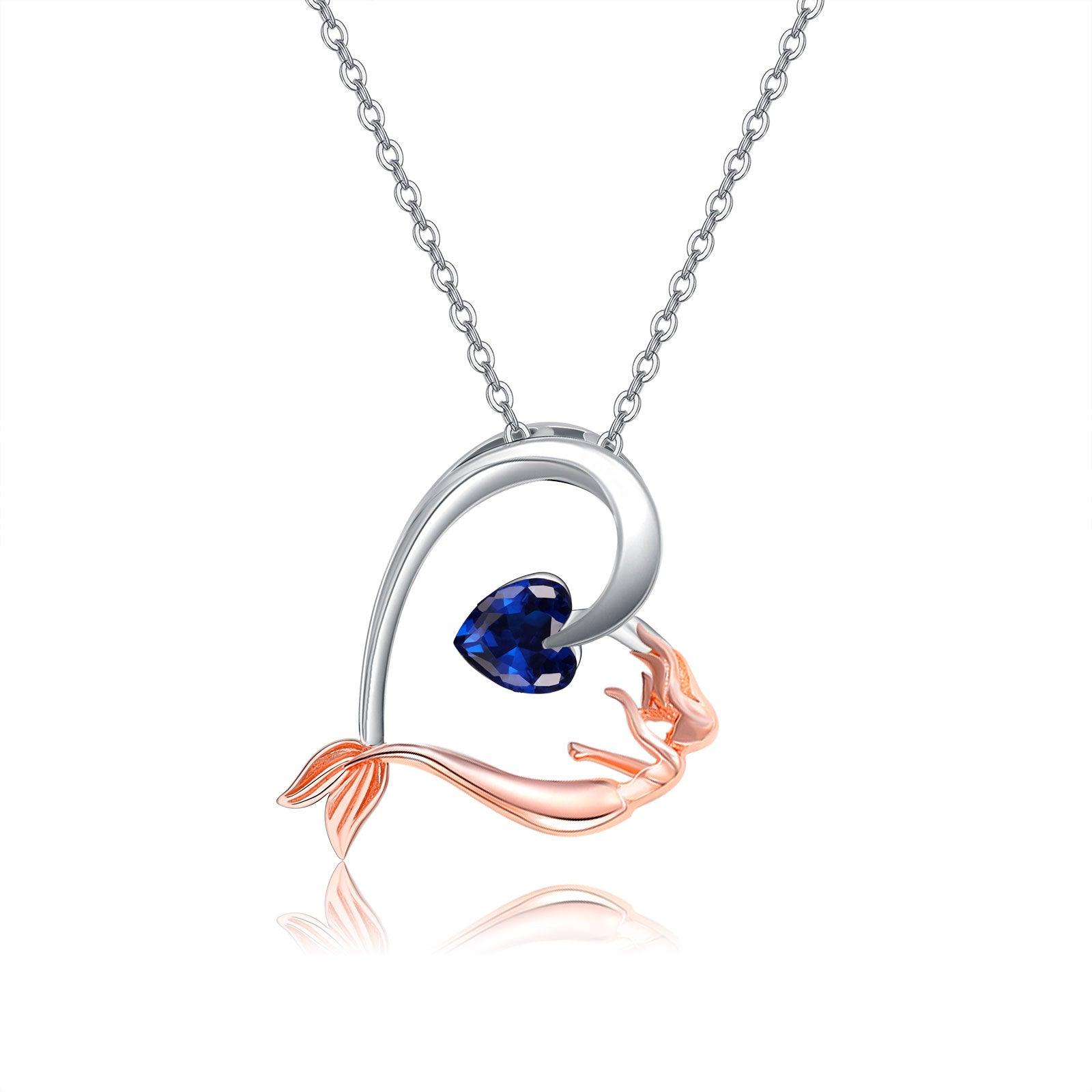 925 Sterling Silver Mermaid Heart Necklace with Blue Heart Crystal - Nioor