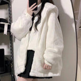 Women's Zipper Hooded Sweater Padded Fleece Sweater Plus Size White Top Cute Soft Winter Clothing Coat - Nioor