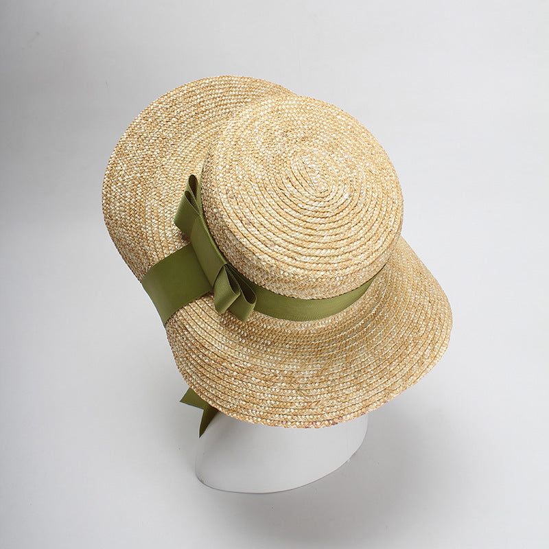 Women's Straw Hat Flat Top Fashion Green Bow Tie