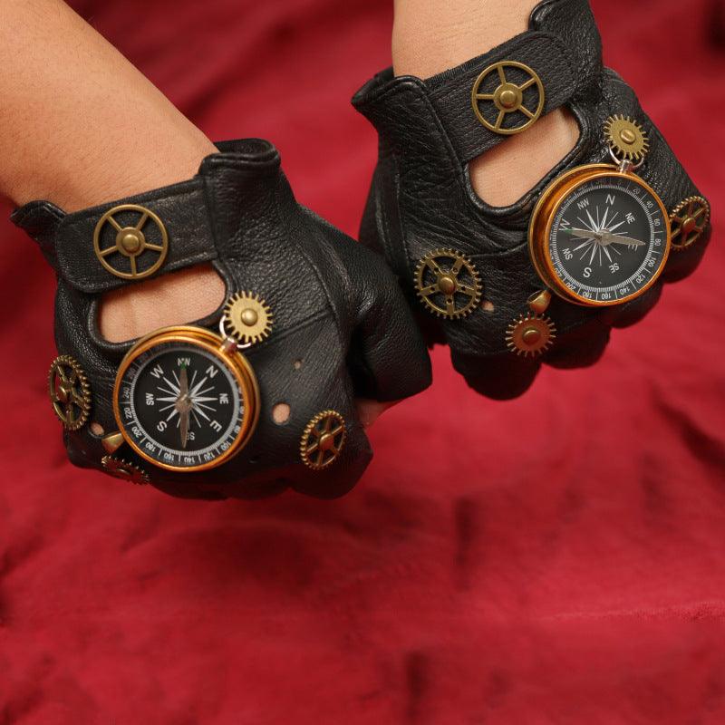 European And American Steampunk Leather Gloves Gear Half Finger Gloves Compass Retro - Nioor
