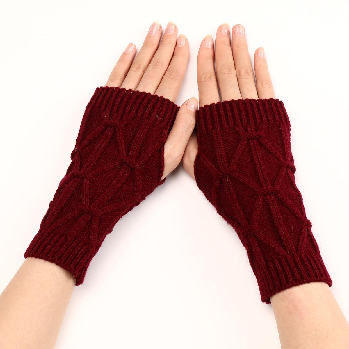 Rhombus Fashion Oversleeve Knitted Wool Keep Warm Half Finger Gloves - Nioor