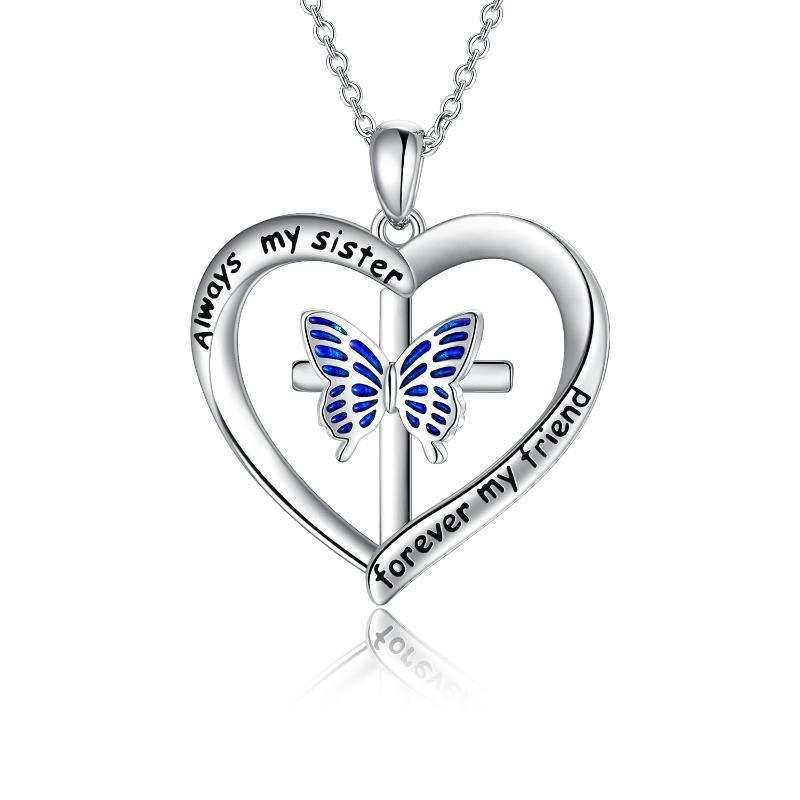 Butterfly Heart Pendant Necklace in White Gold Plated Sterling Silver - Nioor