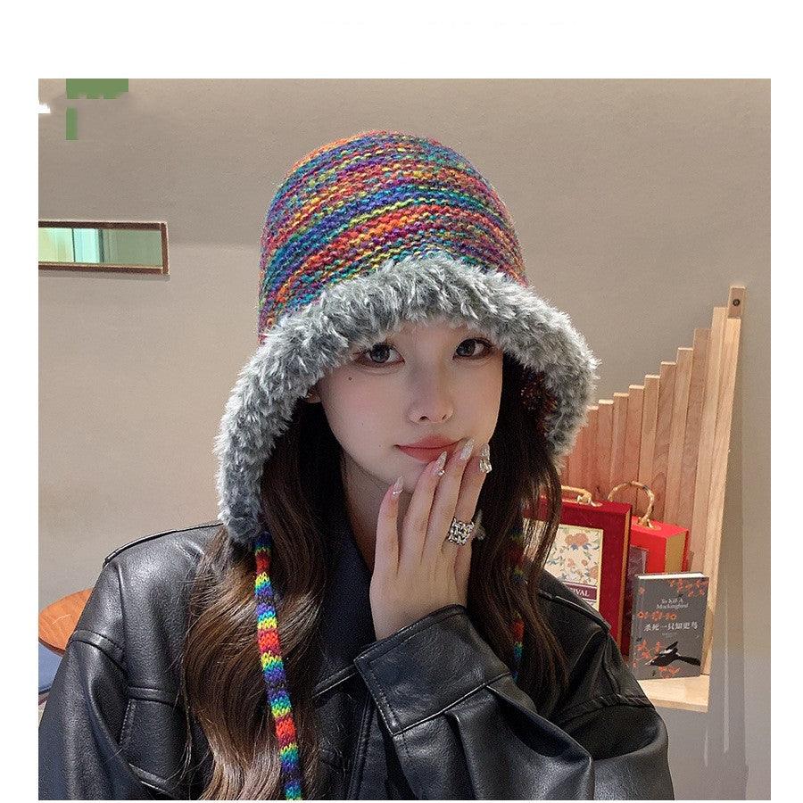 Rainbow Knitted Hat Plush Edge Strap - Nioor