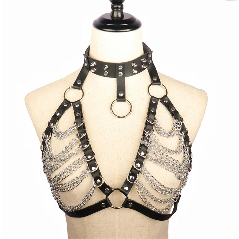 Handsome Lady Studded Punk Collar Belt Nightclub Sexy Metal Chain Strap Punk PU Harness - Nioor