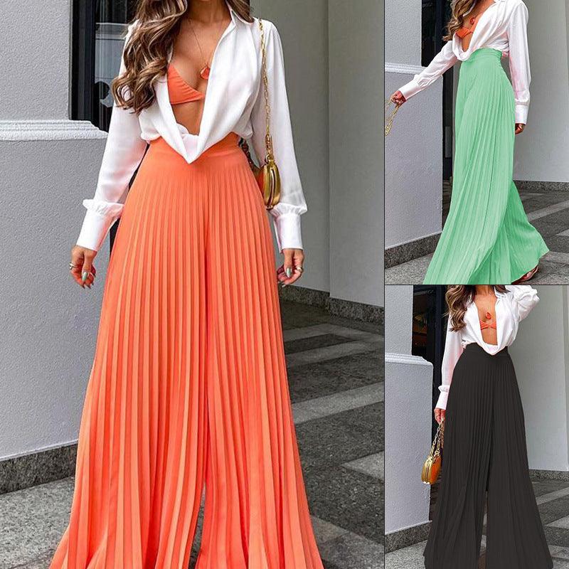 Women's Fashion Pleated Long Wide-leg Pants - Nioor