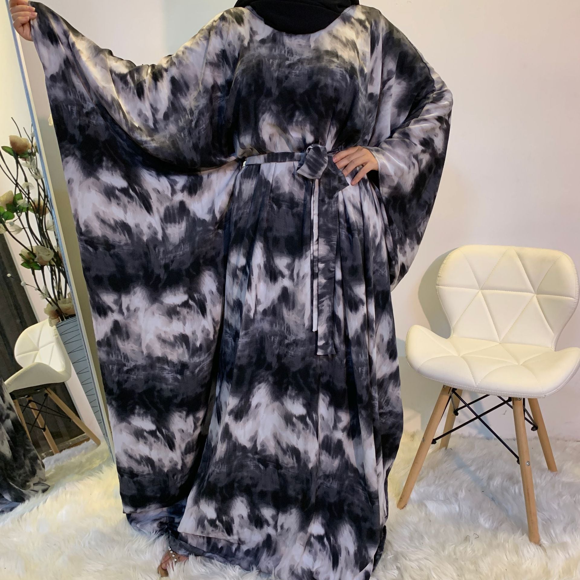 Fashion Print Elegant Loose Muslim Robe Batwing Sleeve Plus Size Women's Dress