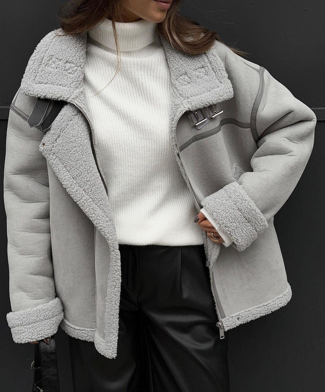 One-piece Lamb Wool Design Sense Stitching Street Locomotive Style Cotton-padded Coat - Nioor