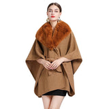 Faux Rex Rabbit Fur Collar Knit Shawl Cape - Nioor