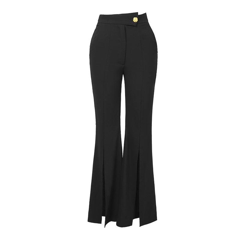 High Waist Black Draping Slit Bootcut Pants - Nioor