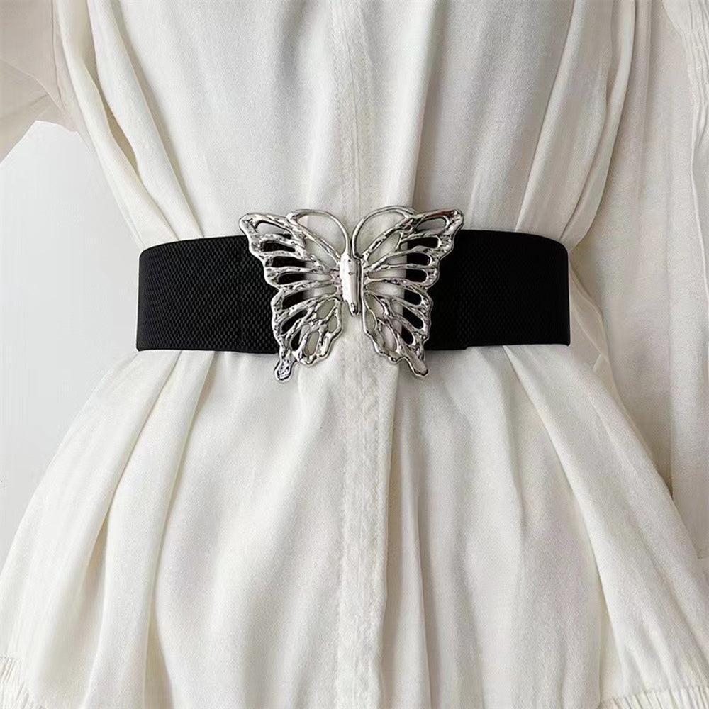 Fashion Women's Butterfly Belt Elastic Elastic Buckle Waist Seal Decorative Shirt Dress Waist Trim - Nioor