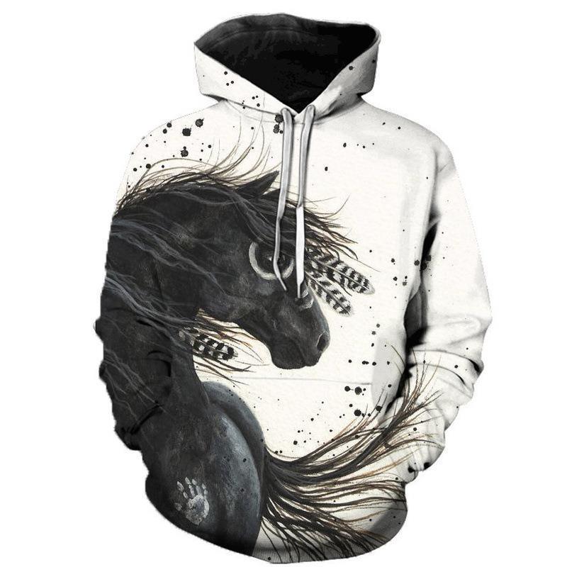 Printed Animal Horse Painting Hoodie Fashion Men Loose Sweater - Nioor