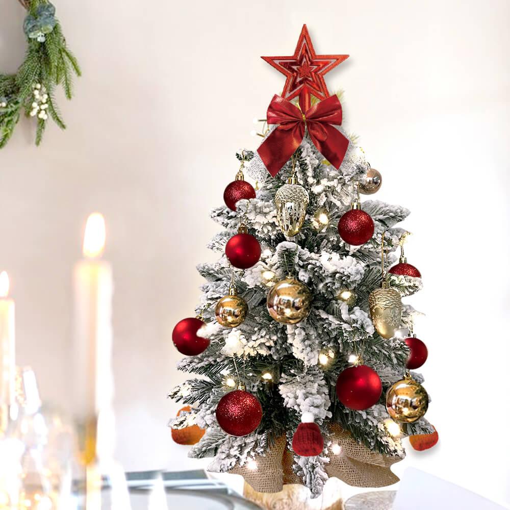 2ft Mini Christmas Tree With Light Artificial Small Tabletop Christmas Decoration With Flocked Snow, Exquisite Decor & Xmas Ornaments For Table Top For Home & Office - Nioor