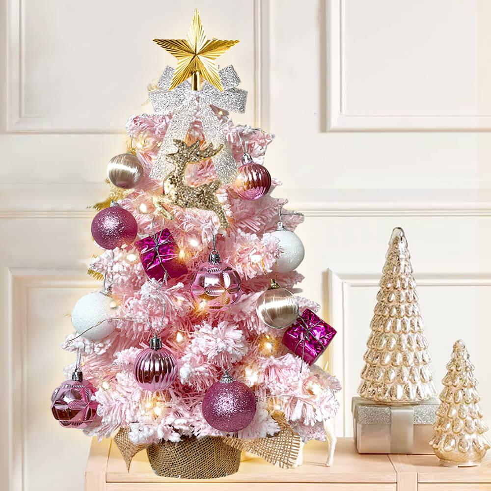 2ft Mini Christmas Tree With Light Artificial Small Tabletop Christmas Decoration With Flocked Snow, Exquisite Decor & Xmas Ornaments For Table Top For Home & Office - Nioor