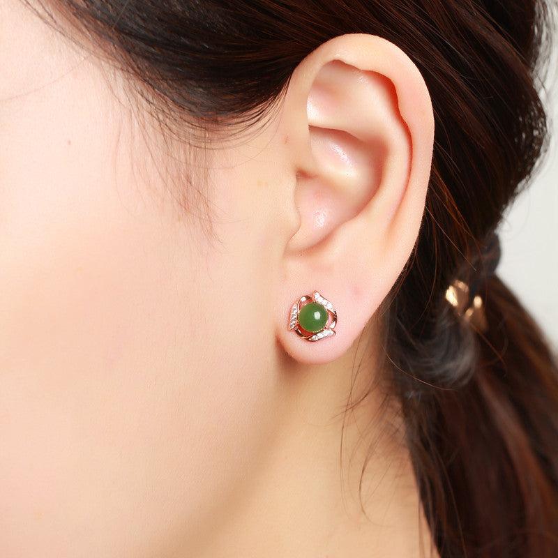 Ethnic style green jade earrings sterling silver and Tianyu earrings with certificate 925 silver rose gold jasper earrings - Nioor