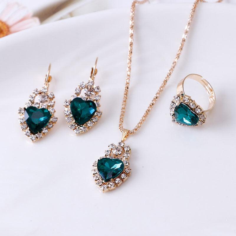 Water drop rhinestone necklace earrings ring set - Nioor