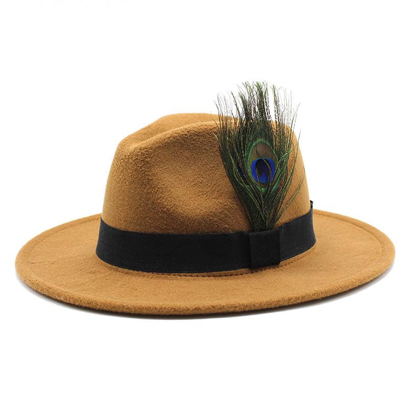 Women's Woolen Big Brim Peacock Feather Casual Sun Hat - Nioor